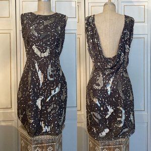 Womens gray/silver beaded, cowl back dress in size S-M